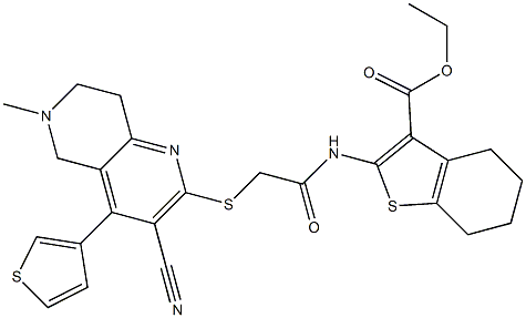 ethyl 2-[(2-{[3-cyano-6-methyl-4-(3-thienyl)-5,6,7,8-tetrahydro[1,6]naphthyridin-2-yl]sulfanyl}acetyl)amino]-4,5,6,7-tetrahydro-1-benzothiophene-3-carboxylate Struktur