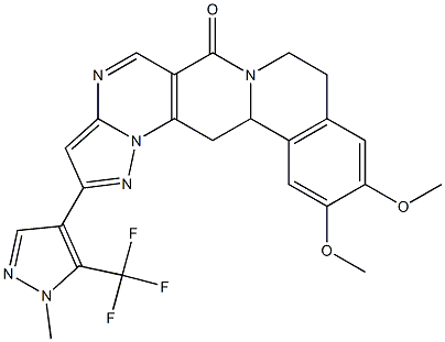 11,12-dimethoxy-2-[1-methyl-5-(trifluoromethyl)-1H-pyrazol-4-yl]-8,9,13b,14-tetrahydro-6H-pyrazolo[5'',1'':2',3']pyrimido[4',5':4,5]pyrido[2,1-a]isoquinolin-6-one Struktur