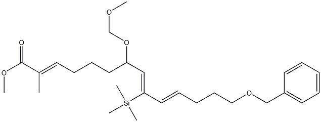 (2E,8Z,10E)-7-(Methoxymethoxy)-2-methyl-9-(trimethylsilyl)-14-(benzyloxy)-2,8,10-tetradecatrienoic acid methyl ester Struktur