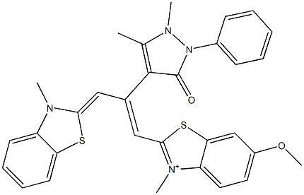 2-[2-[(2,3-Dihydro-1,5-dimethyl-3-oxo-2-phenyl-1H-pyrazol)-4-yl]-3-(3-methylbenzothiazol-2(3H)-ylidene)-1-propenyl]-6-methoxy-3-methylbenzothiazol-3-ium Struktur