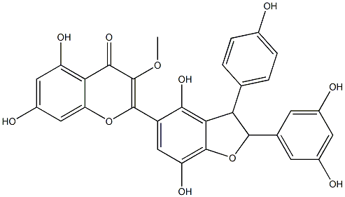 (-)-2-[[2,3-Dihydro-2-(3,5-dihydroxyphenyl)-3-(4-hydroxyphenyl)-4,7-dihydroxybenzofuran]-5-yl]-3-methoxy-5,7-dihydroxy-4H-1-benzopyran-4-one Struktur