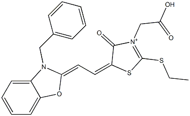 3-(Carboxymethyl)-2-(ethylthio)-4-oxo-5-[2-[3-(phenylmethyl)benzoxazol-2(3H)-ylidene]ethylidene]-4,5-dihydrothiazolium Struktur