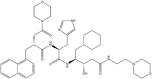 (3S,4S)-3-Hydroxy-5-cyclohexyl-4-[[(2S)-3-(1H-imidazol-4-yl)-2-[[(2R)-2-[morpholinocarbonylmethyl]-3-(1-naphthalenyl)propionyl]amino]propionyl]amino]-N-(2-morpholinoethyl)valeramide Struktur