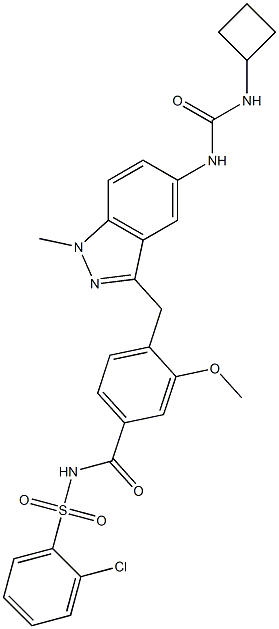 4-[5-(3-Cyclobutylureido)-1-methyl-1H-indazol-3-ylmethyl]-3-methoxy-N-(2-chlorophenylsulfonyl)benzamide Struktur