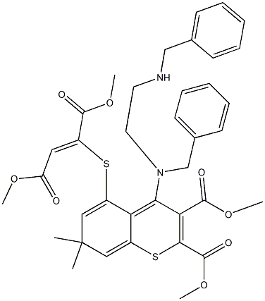 4-[Benzyl[2-(benzylamino)ethyl]amino]-5-[[(Z)-1,2-bis(methoxycarbonyl)ethenyl]thio]-7,7-dimethyl-7H-1-benzothiopyran-2,3-dicarboxylic acid dimethyl ester Struktur