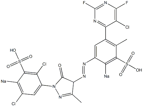 1-(2,5-Dichloro-4-sodiosulfophenyl)-3-methyl-4-[4-methyl-2-sodiosulfo-5-(5-chloro-2,6-difluoropyrimidin-4-yl)phenylazo]-5(4H)-pyrazolone Struktur