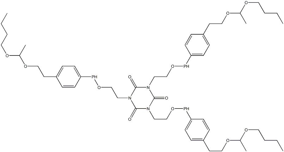 1,3,5-Tris[2-[4-[2-[(1-butoxyethyl)oxy]ethyl]phenylphosphinooxy]ethyl]-1,3,5-triazine-2,4,6(1H,3H,5H)-trione Struktur