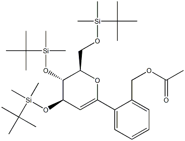 (4R,5R,6R)-5,6-Dihydro-2-(2-acetyloxymethylphenyl)-4,5-bis(tert-butyldimethylsilyloxy)-6-(tert-butyldimethylsilyloxymethyl)-4H-pyran Struktur