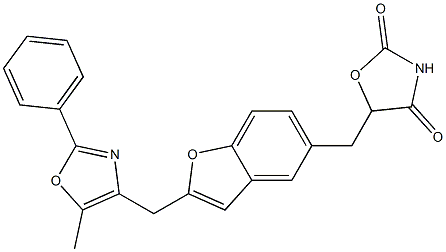 5-[[2-[[5-Methyl-2-phenyl-4-oxazolyl]methyl]benzofuran-5-yl]methyl]oxazolidine-2,4-dione Struktur