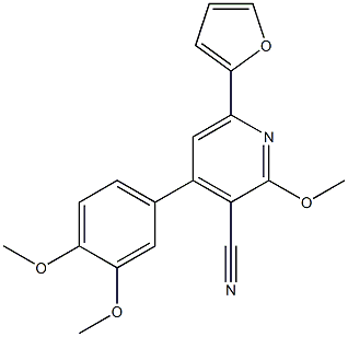 2-Methoxy-4-(3,4-dimethoxyphenyl)-6-(2-furanyl)pyridine-3-carbonitrile Struktur