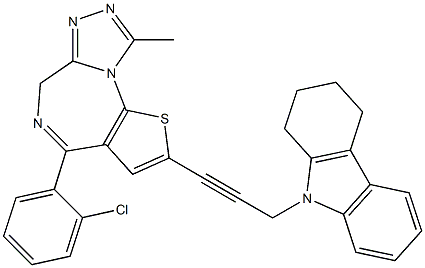 4-(2-Chlorophenyl)-9-methyl-2-[3-[(1,2,3,4-tetrahydro-9H-carbazol)-9-yl]-1-propynyl]-6H-thieno[3,2-f][1,2,4]triazolo[4,3-a][1,4]diazepine Struktur