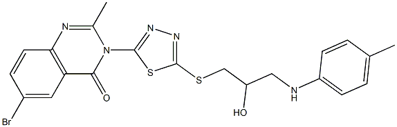 6-Bromo-2-methyl-3-[5-[[3-(4-methylanilino)-2-hydroxypropyl]thio]-1,3,4-thiadiazol-2-yl]quinazolin-4(3H)-one Struktur