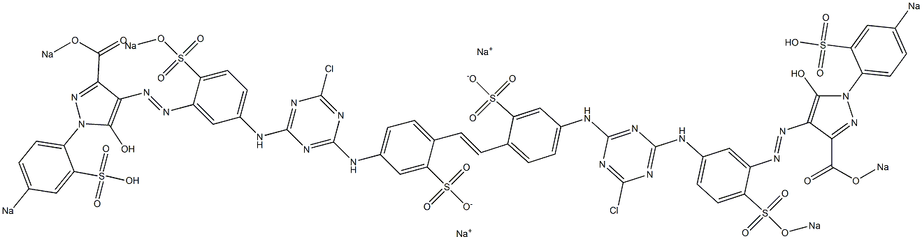 4,4'-Bis[4-[3-[3-(sodiooxycarbonyl)-5-hydroxy-1-(p-sodiosulfophenyl)-1H-pyrazol-4-ylazo]-4-(sodiosulfo)anilino]-6-chloro-1,3,5-triazin-2-ylamino]-2,2'-stilbenedisulfonic acid disodium salt Struktur