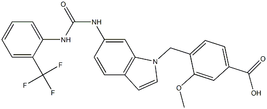 4-[6-[3-(2-Trifluoromethylphenyl)ureido]-1H-indol-1-ylmethyl]-3-methoxybenzoic acid Struktur