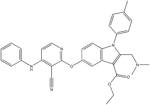 1-(4-Methylphenyl)-2-[(dimethylamino)methyl]-5-[3-cyano-4-(phenylamino)pyridin-2-yloxy]-1H-indole-3-carboxylic acid ethyl ester Struktur