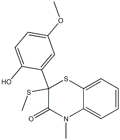 2-[2-Hydroxy-5-methoxyphenyl]-2-methylthio-4-methyl-4H-1,4-benzothiazin-3(2H)-one Struktur