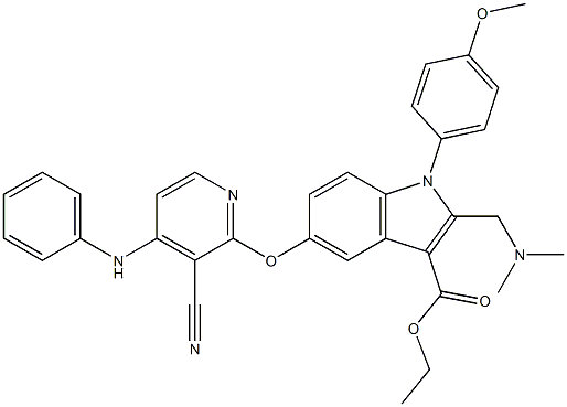 1-(4-Methoxyphenyl)-2-[(dimethylamino)methyl]-5-[3-cyano-4-(phenylamino)pyridin-2-yloxy]-1H-indole-3-carboxylic acid ethyl ester Struktur