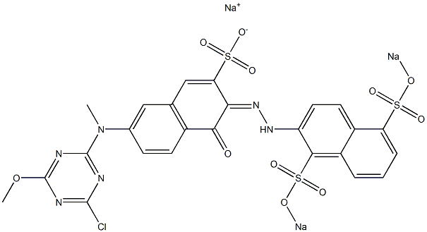 3-[2-[1,5-Bis(sodiosulfo)-2-naphtyl]hydrazono]-4-oxo-3,4-dihydro-7-[(4-chloro-6-methyloxy-1,3,5-triazine-2-yl)(methyl)amino]naphthalene-2-sulfonic acid sodium salt Struktur