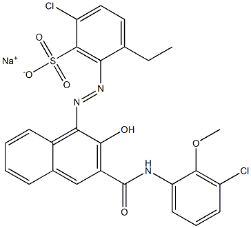 2-Chloro-5-ethyl-6-[[3-[[(3-chloro-2-methoxyphenyl)amino]carbonyl]-2-hydroxy-1-naphtyl]azo]benzenesulfonic acid sodium salt Struktur