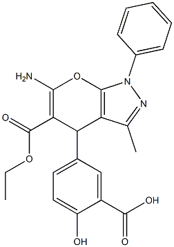 2-Hydroxy-5-[(6-amino-5-ethoxycarbonyl-3-methyl-1-phenyl-1,4-dihydropyrano[2,3-c]pyrazol)-4-yl]benzoic acid Struktur