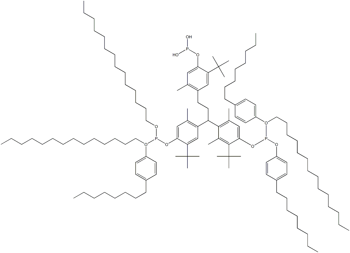 [3-Methyl-1,1,3-propanetriyltris(2-tert-butyl-5-methyl-4,1-phenyleneoxy)]tris(phosphonous acid)O,O',O''-tritetradecyl O,O',O''-tris(4-octylphenyl) ester Struktur