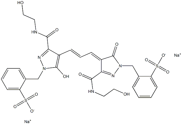 2-[5-Hydroxy-3-[N-(2-hydroxyethyl)carbamoyl]-4-[3-[3-[N-(2-hydroxyethyl)carbamoyl]-5-oxo-1-(2-sulfobenzyl)-2-pyrazolin-4-ylidene]-1-propenyl]-1H-pyrazol-1-ylmethyl]benzenesulfonic acid disodium salt Struktur