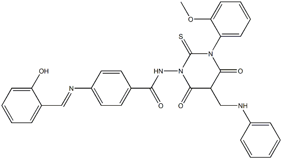 4-(2-Hydroxybenzylideneamino)-N-[[hexahydro-4,6-dioxo-2-thioxo-3-(2-methoxyphenyl)-5-(phenylaminomethyl)pyrimidin]-1-yl]benzamide Struktur