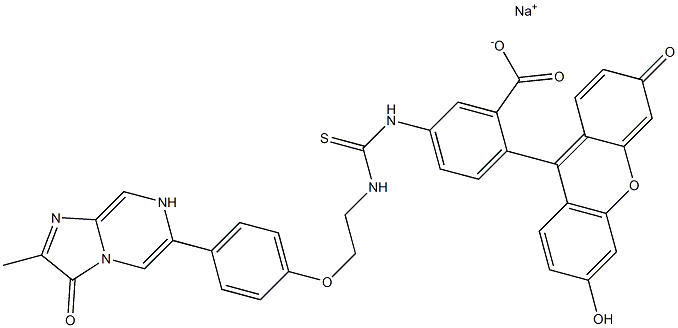 2-(3-Oxo-6-hydroxy-3H-xanthen-9-yl)-5-[[[[2-[4-[(2-methyl-3-oxo-3,7-dihydroimidazo[1,2-a]pyrazin)-6-yl]phenoxy]ethyl]amino](thiocarbonyl)]amino]benzoic acid sodium salt Struktur