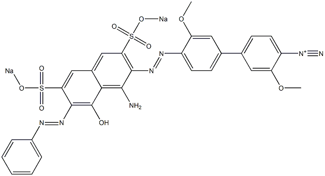 3,3'-Dimethoxy-4'-[1-amino-7-phenylazo-8-hydroxy-3,6-bis(sodiooxysulfonyl)-2-naphtylazo]biphenyl-4-diazonium Struktur