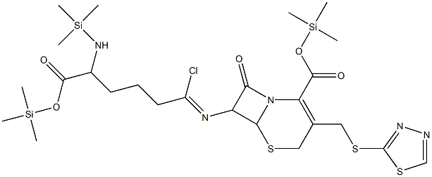 7-[1-Chloro-5-(trimethylsilylamino)-5-(trimethylsilyloxycarbonyl)pentylideneamino]-8-oxo-3-(1,3,4-thiadiazol-2-ylthiomethyl)-5-thia-1-azabicyclo[4.2.0]oct-2-ene-2-carboxylic acid trimethylsilyl ester Struktur