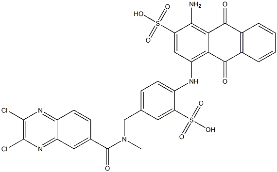 1-Amino-4-[[4-[[[(2,3-dichloroquinoxalin-6-yl)carbonyl]methylamino]methyl]-2-sulfophenyl]amino]-9,10-dihydro-9,10-dioxo-2-anthracenesulfonic acid Struktur