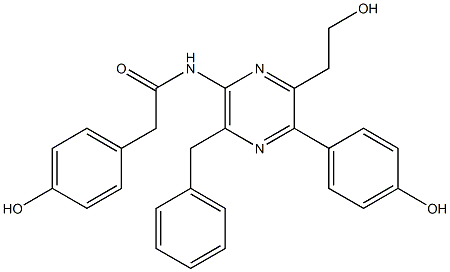 2-(2-Hydroxyethyl)-3-(4-hydroxyphenyl)-5-benzyl-6-[1-oxo-2-(4-hydroxyphenyl)ethylamino]pyrazine Struktur