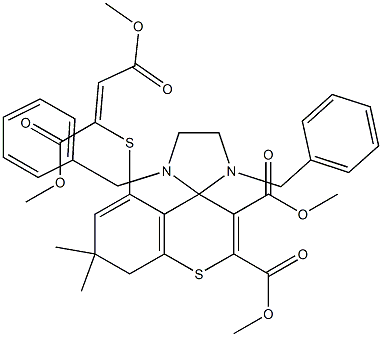 1',3'-Dibenzyl-7,8-dihydro-5-[[(Z)-1,2-bis(methoxycarbonyl)ethenyl]thio]-7,7-dimethylspiro[4H-[1]benzothiopyran-4,2'-imidazolidine]-2,3-dicarboxylic acid dimethyl ester Struktur