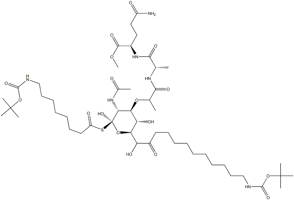 N2-[N-[N-Acetyl-1-[[8-[[(tert-butoxy)carbonyl]amino]octanoyl]thio]-6-[11-[[(tert-butoxy)carbonyl]amino]undecanoyl]muramoyl]-L-alanyl]-D-glutamine methyl ester Struktur