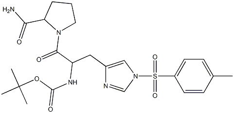 1-[2-[(tert-Butyloxycarbonyl)amino]-3-[1-(4-methylphenylsulfonyl)-1H-imidazol-4-yl]-1-oxopropyl]pyrrolidine-2-carboxamide Struktur