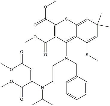 7,7-Dimethyl-5-(methylthio)-4-[benzyl[2-[isopropyl[1,2-bis(methoxycarbonyl)ethenyl]amino]ethyl]amino]-7H-1-benzothiopyran-2,3-dicarboxylic acid dimethyl ester Struktur