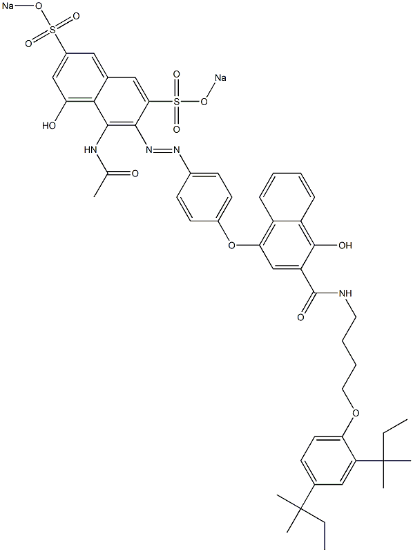 4-[4-[8-(Acetylamino)-1-hydroxy-3,6-bis(sodiosulfo)-7-naphtylazo]phenoxy]-N-[4-(2,4-di-tert-pentylphenoxy)butyl]-1-hydroxy-2-naphthamide Struktur