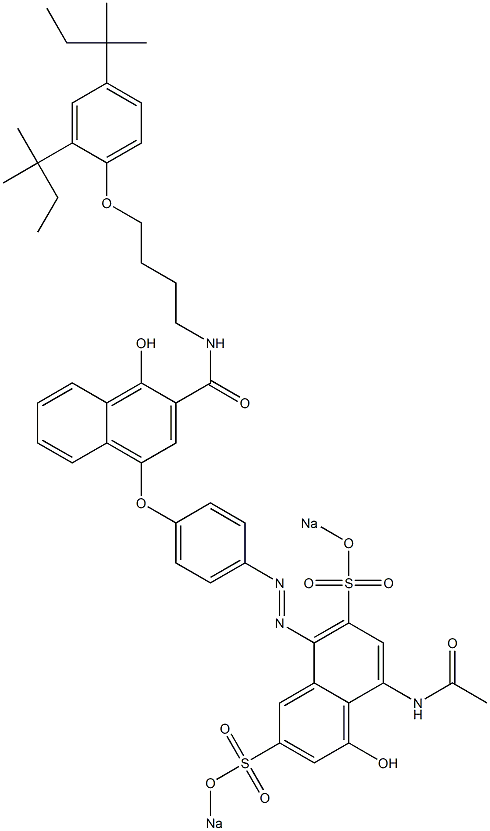 4-[4-[8-(Acetylamino)-1-hydroxy-3,6-bis(sodiosulfo)-5-naphtylazo]phenoxy]-N-[4-(2,4-di-tert-pentylphenoxy)butyl]-1-hydroxy-2-naphthamide Struktur