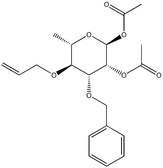 1,2-Di-O-acetyl-4-O-allyl-3-O-benzyl-a-L-rhamnpyranose Struktur