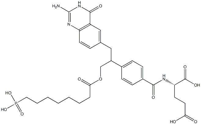 N-(4-(3-(2-amino-3,4-dihydro-4-oxoquinazol-6-yl)-((8-phosphono)-1-(octanoyloxy))prop-2-yl)benzoyl)glutamic acid Struktur