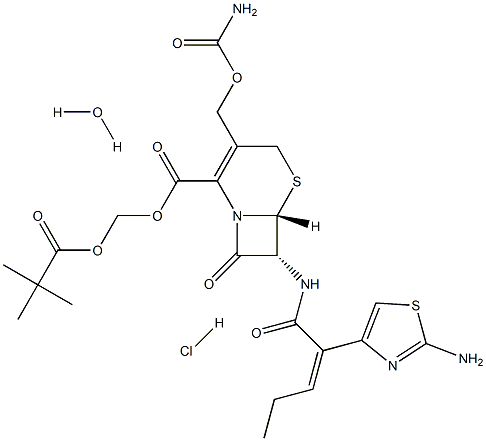 2,2-dimethylpropanoyloxymethyl (6R,7R)-7-[[(Z)-2-(2-amino-1,3-thiazol-4-yl)pent-2-enoyl]amino]-3-(carbamoyloxymethyl)-8-oxo-5-thia-1-azabicyclo[4.2.0]oct-2-ene-2-carboxylate hydrate hydrochloride Struktur