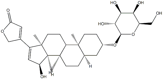 4-[(3S,5R,8R,10S,13S,14R,15S)-15-hydroxy-10,13-dimethyl-3-[(2R,3R,4S,5R,6R)-3,4,5-trihydroxy-6-(hydroxymethyl)oxan-2-yl]oxy-2,3,4,5,6,7,8,9,11,12,14,15-dodecahydro-1H-cyclopenta[a]phenanthren-17-yl]-5H-furan-2-one Struktur