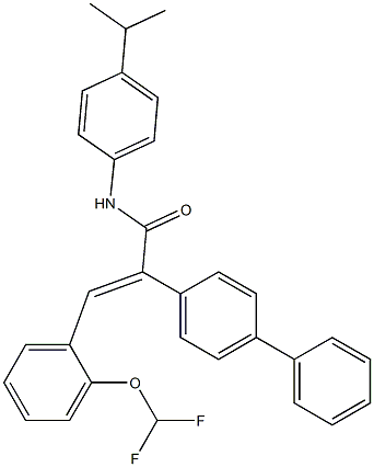 (E)-3-[2-(difluoromethoxy)phenyl]-2-(4-phenylphenyl)-N-(4-propan-2-ylphenyl)prop-2-enamide Struktur