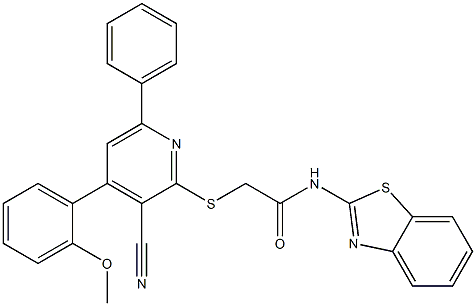 N-benzothiazol-2-yl-2-[3-cyano-4-(2-methoxyphenyl)-6-phenyl-pyridin-2-yl]sulfanyl-acetamide Struktur