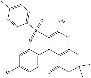 2-amino-4-(4-chlorophenyl)-7,7-dimethyl-3-[(4-methylphenyl)sulfonyl]-4,6,7,8-tetrahydro-5H-chromen-5-one Struktur