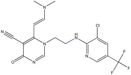 1-(2-{[3-chloro-5-(trifluoromethyl)-2-pyridinyl]amino}ethyl)-6-[2-(dimethylamino)vinyl]-4-oxo-1,4-dihydro-5-pyrimidinecarbonitrile Struktur