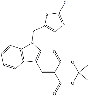 5-({1-[(2-chloro-1,3-thiazol-5-yl)methyl]-1H-indol-3-yl}methylene)-2,2-dimethyl-1,3-dioxane-4,6-dione Struktur