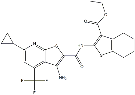 ethyl 2-({[3-amino-6-cyclopropyl-4-(trifluoromethyl)thieno[2,3-b]pyridin-2-yl]carbonyl}amino)-4,5,6,7-tetrahydro-1-benzothiophene-3-carboxylate Struktur