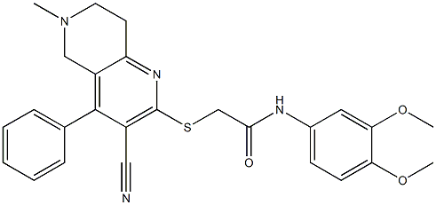 2-[(3-cyano-6-methyl-4-phenyl-5,6,7,8-tetrahydro[1,6]naphthyridin-2-yl)sulfanyl]-N-(3,4-dimethoxyphenyl)acetamide Struktur