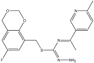 (6-fluoro-4H-1,3-benzodioxin-8-yl)methyl N-[1-(6-methyl-3-pyridyl)ethylidene]aminomethanehydrazonothioate Struktur